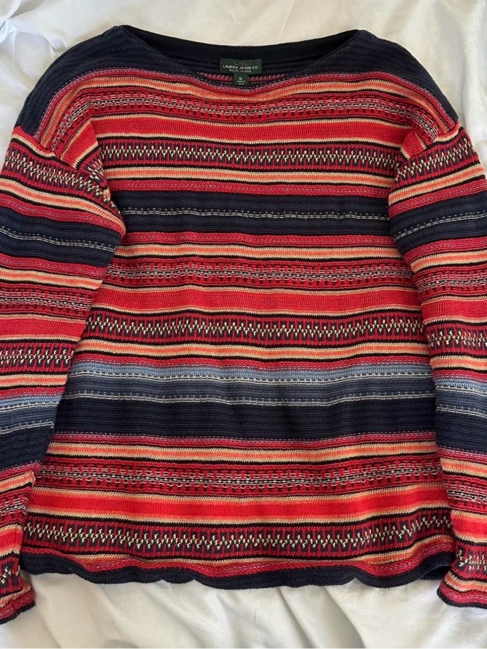 Ralph Lauren Red and Navy Striped Crewneck Sweater